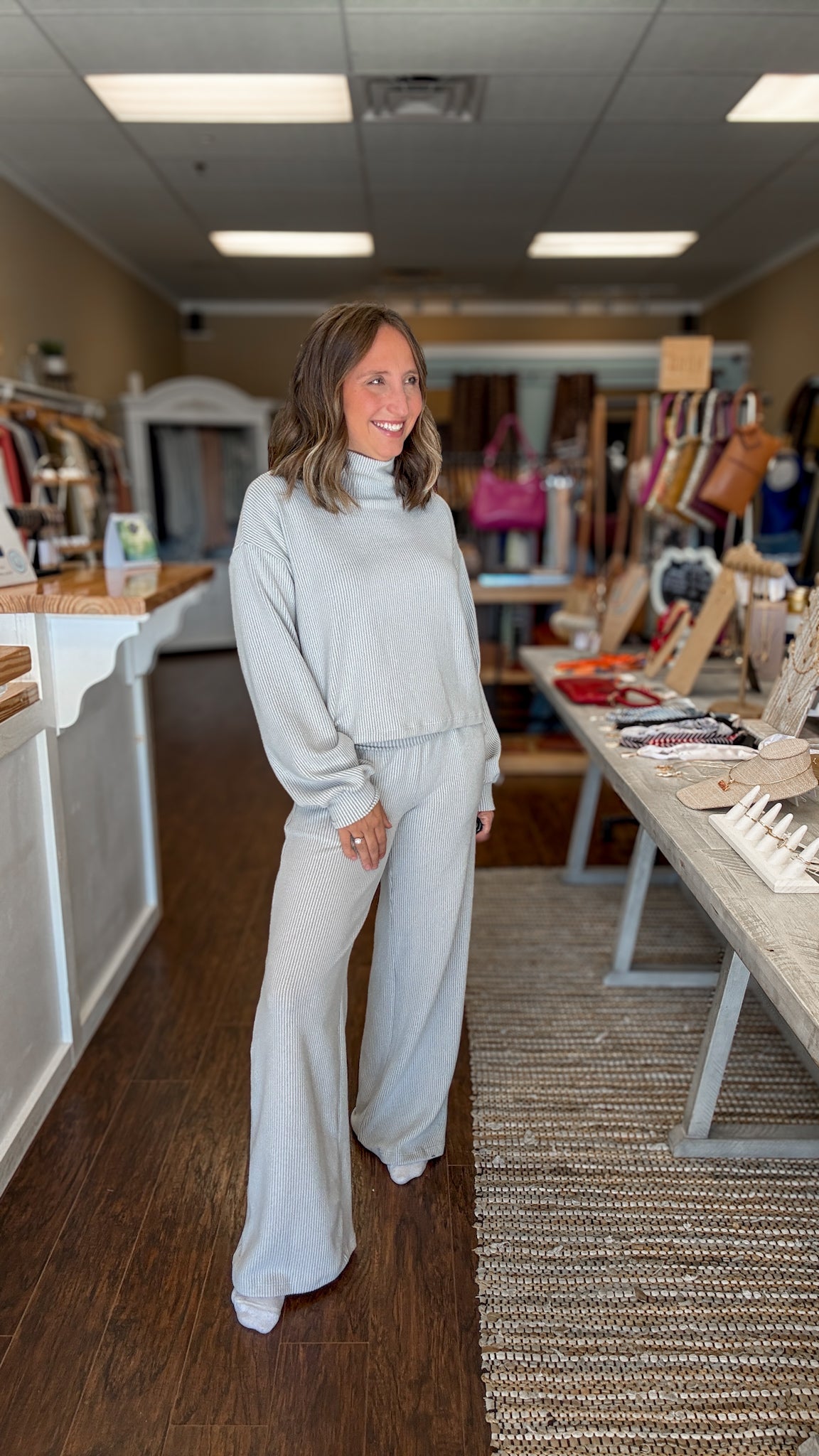 Grey Ribbed Funnel Neck Top