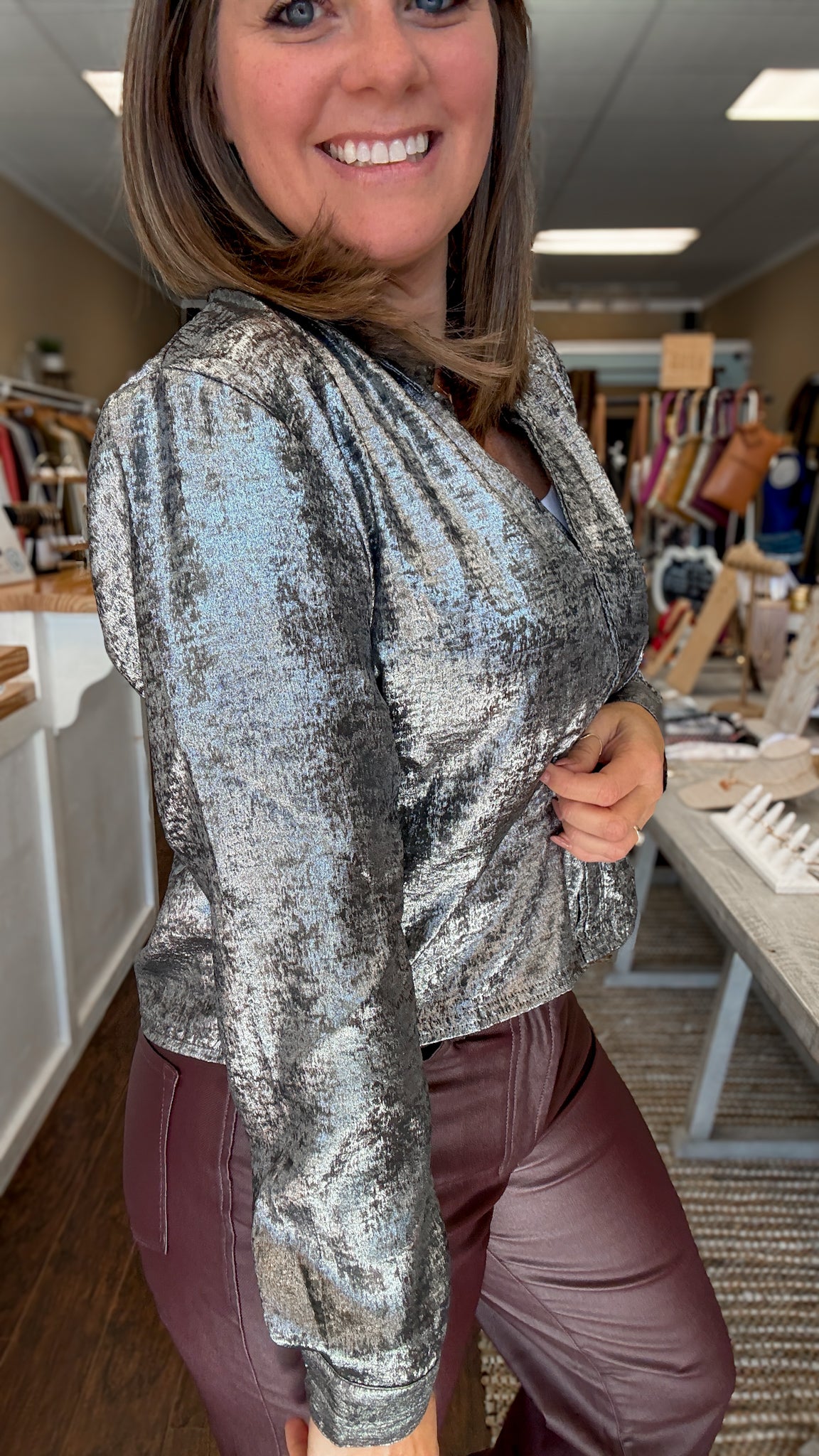 Gunmetal Tory Button Down Blouse
