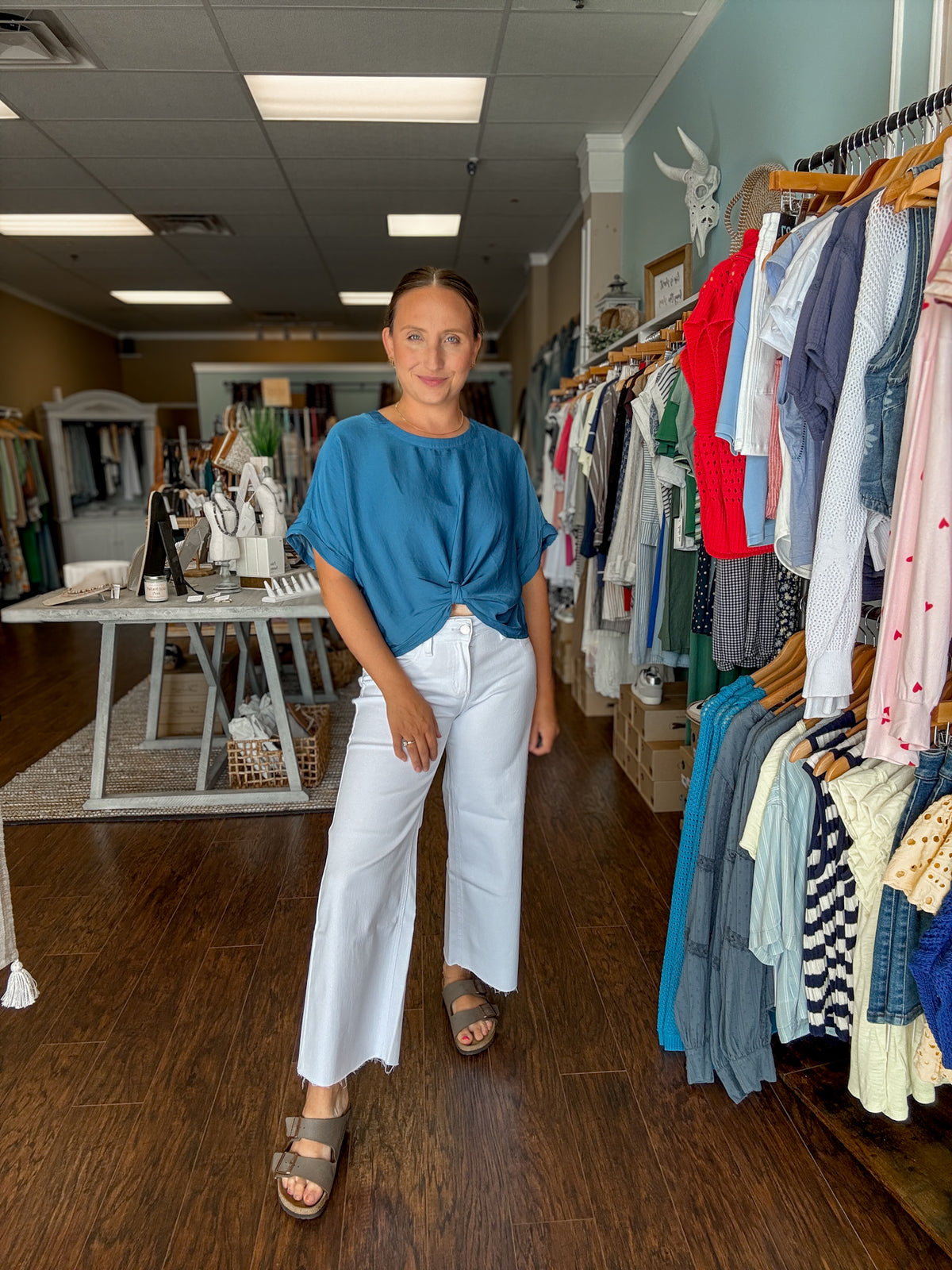 Blue Satin Front Knot Top