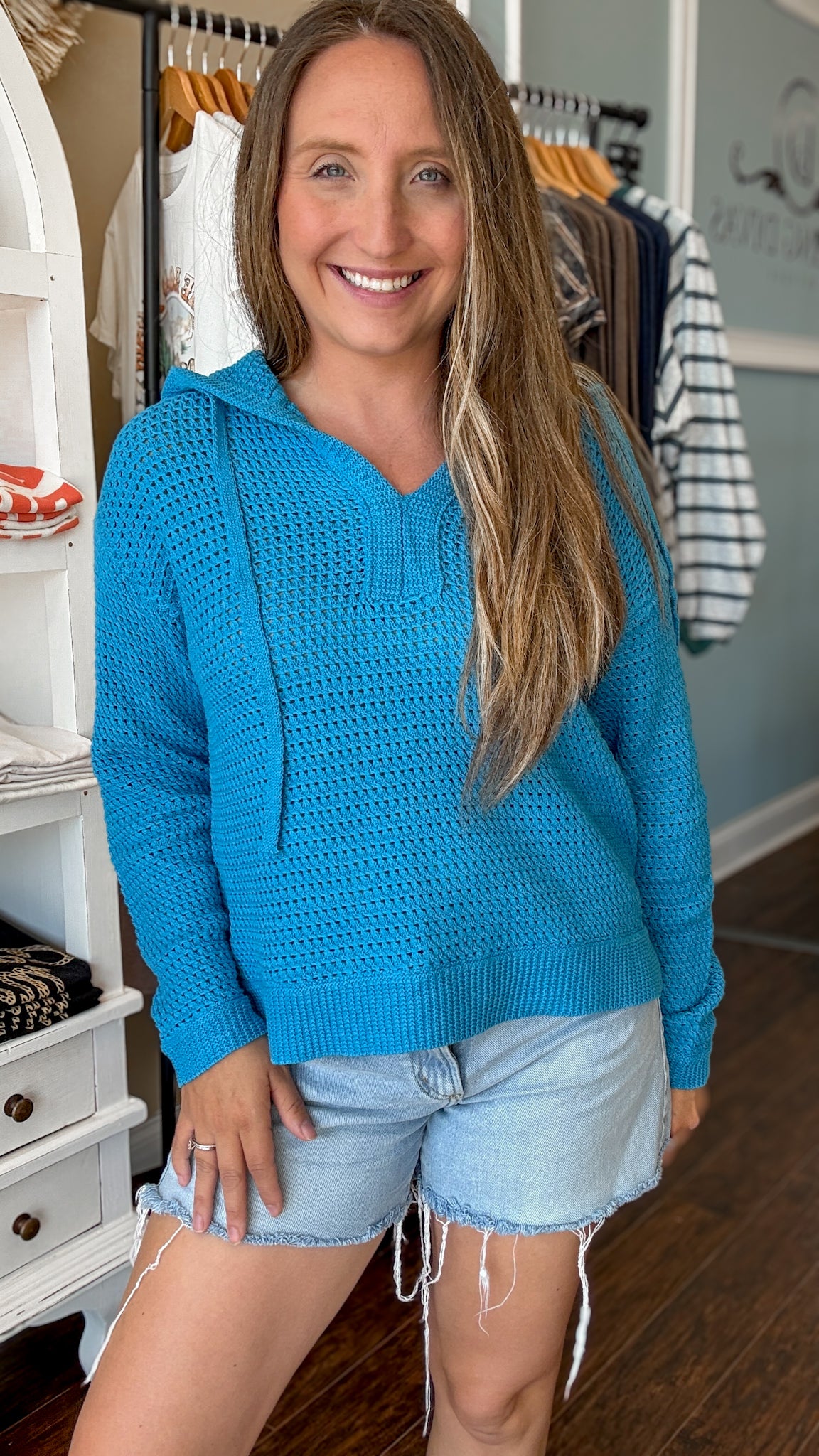 Blue Drawstring Hoodie Sweater