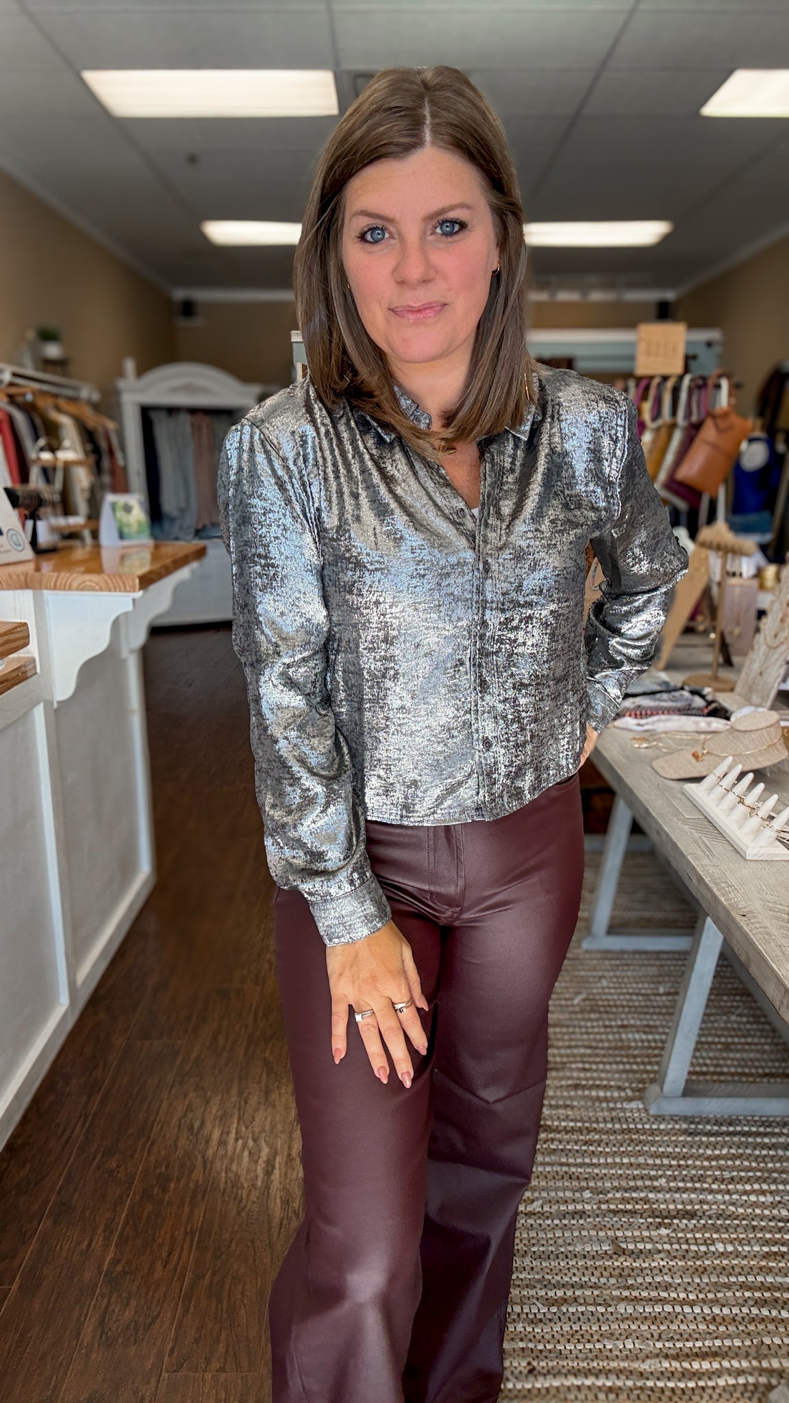 Gunmetal Tory Button Down Blouse