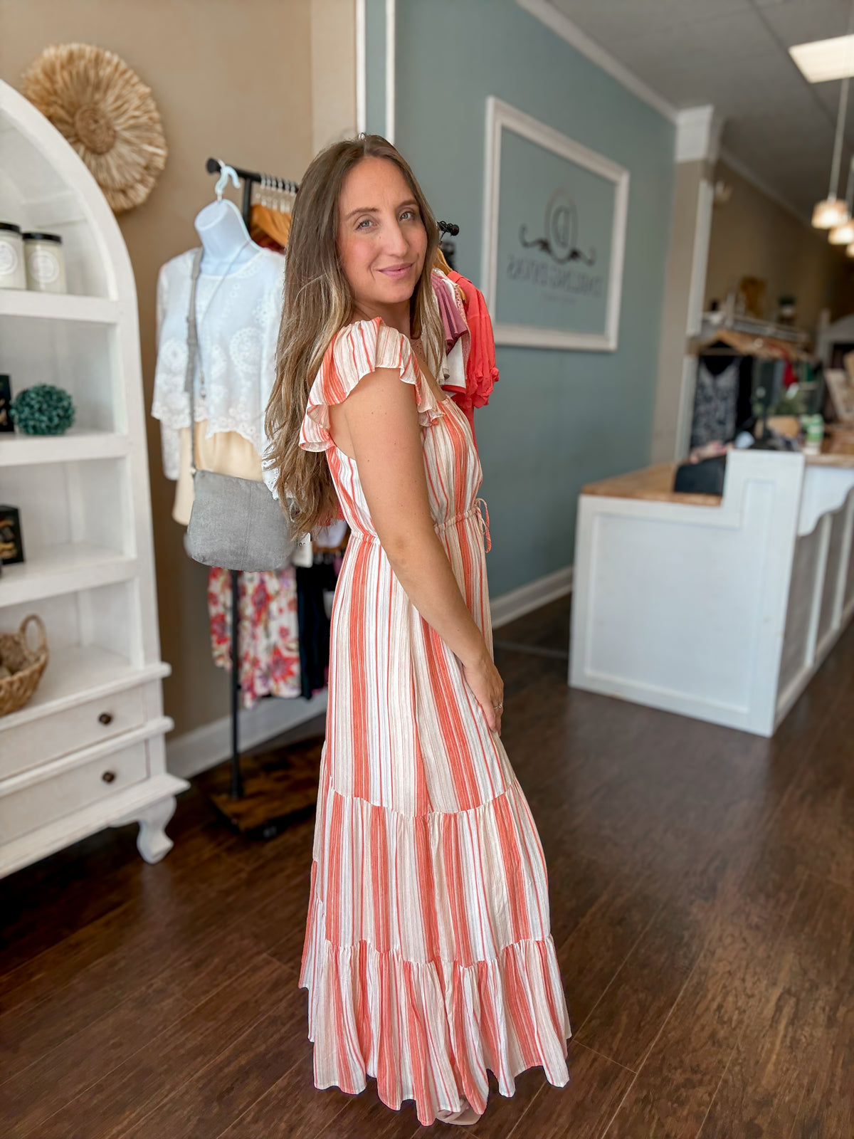 Orange Tri Stripe Flutter Woven Maxi Dress