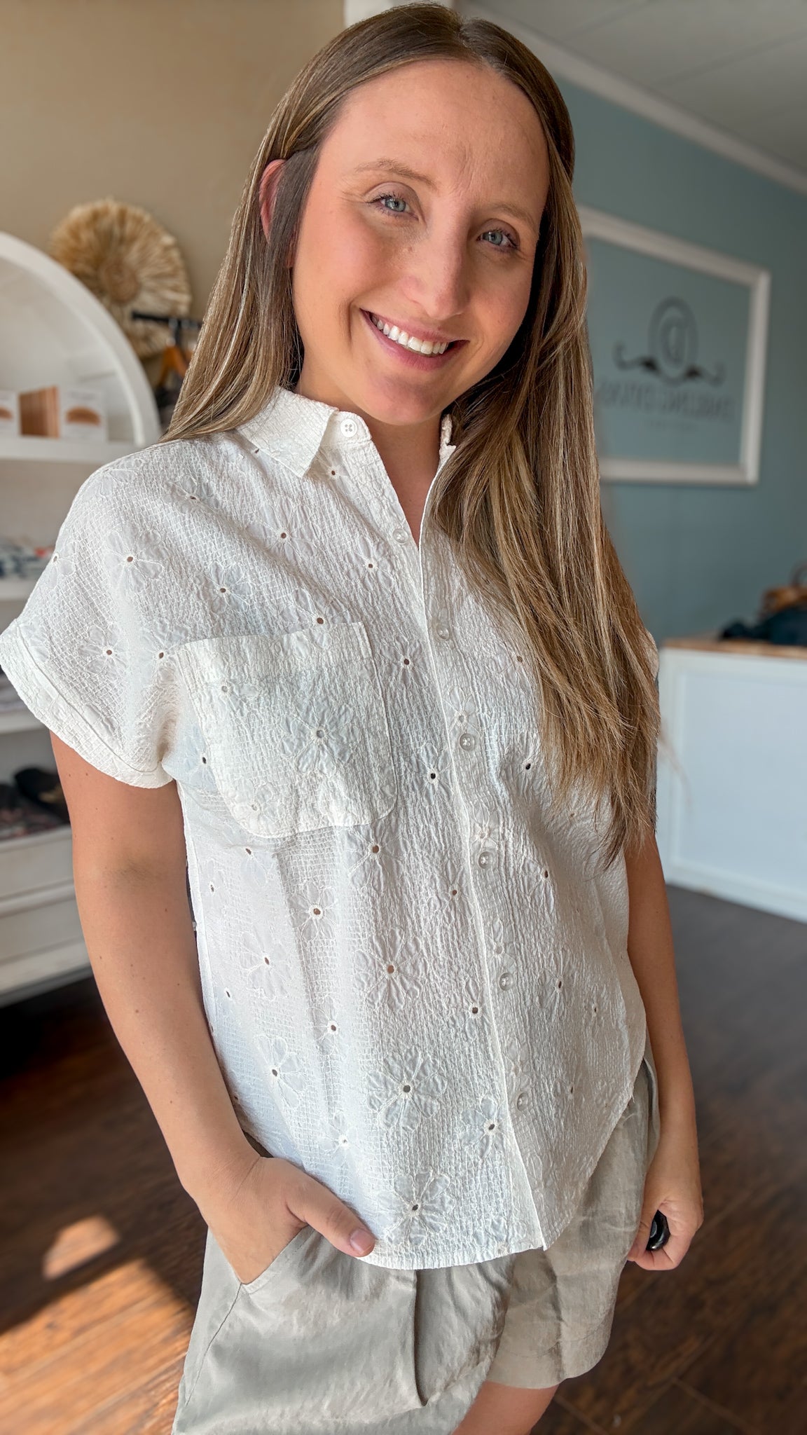 Ecru Graceville Eyelet Dolman Shirt