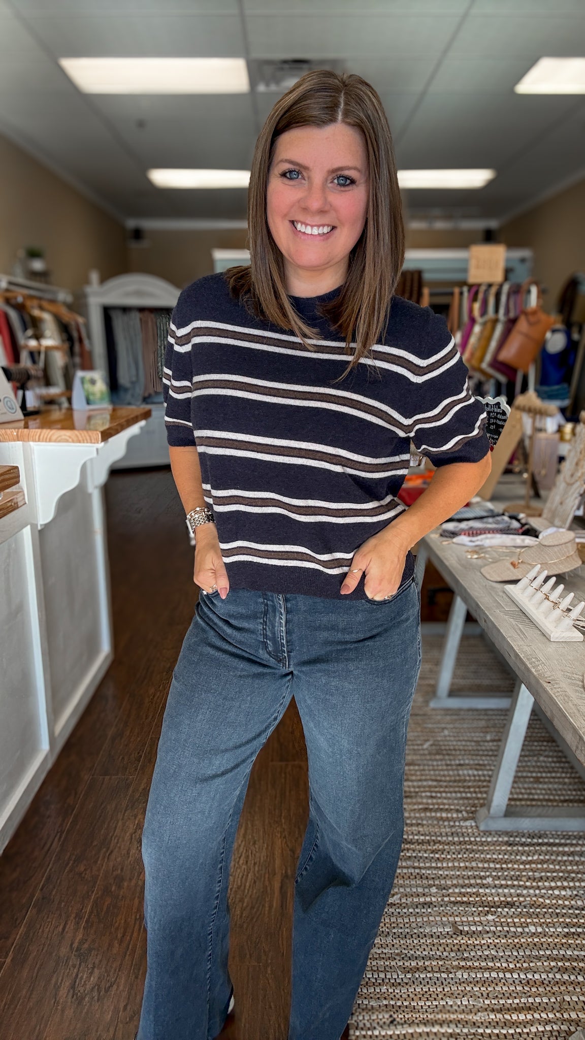 Navy Striped Crewneck Sweater
