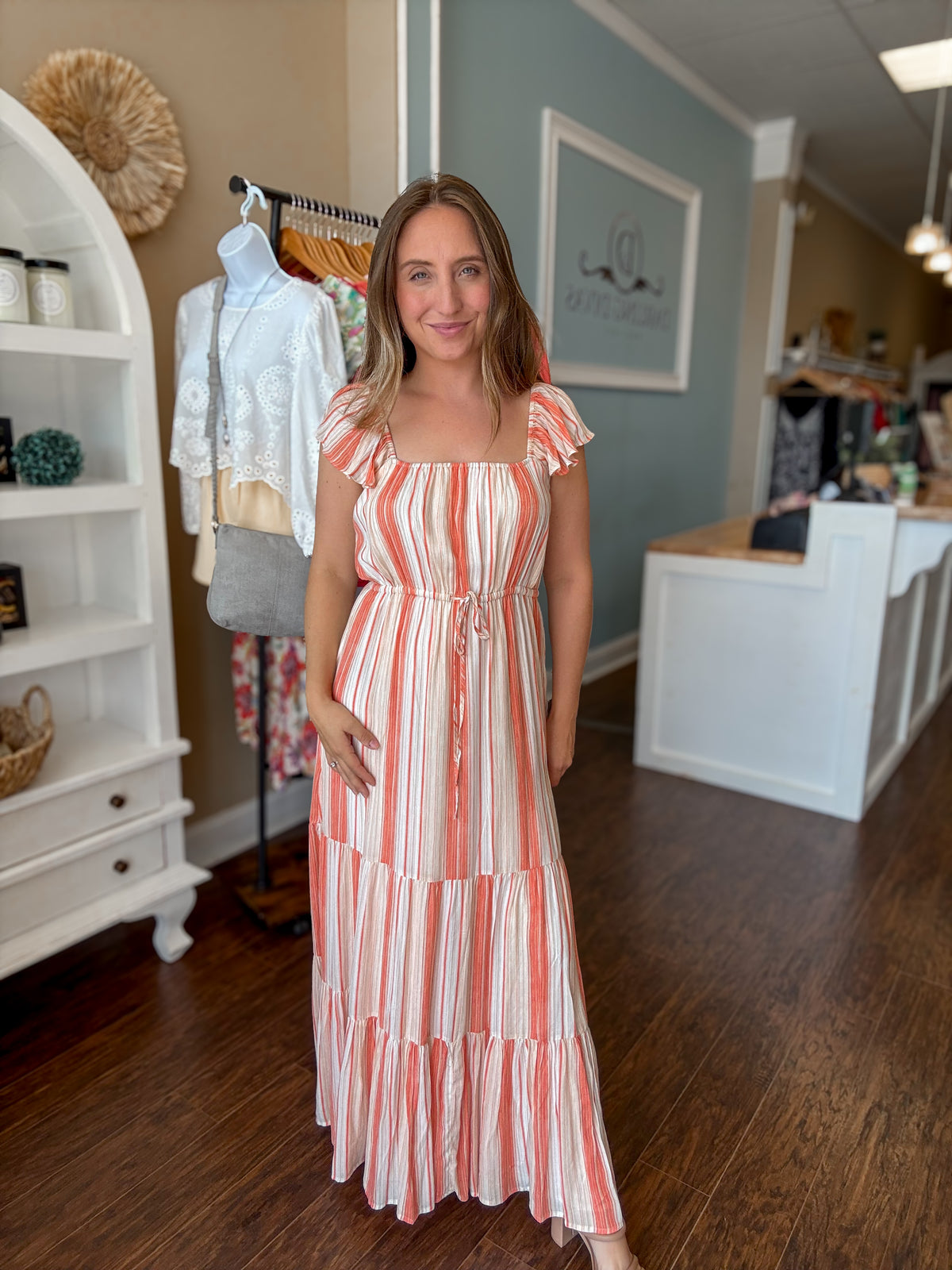 Orange Tri Stripe Flutter Woven Maxi Dress