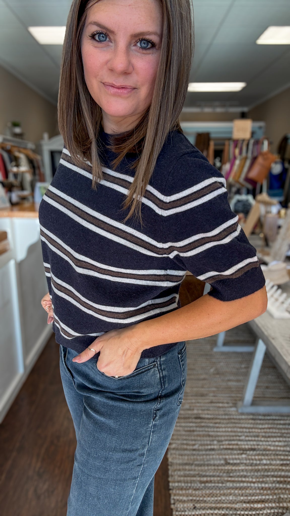 Navy Striped Crewneck Sweater